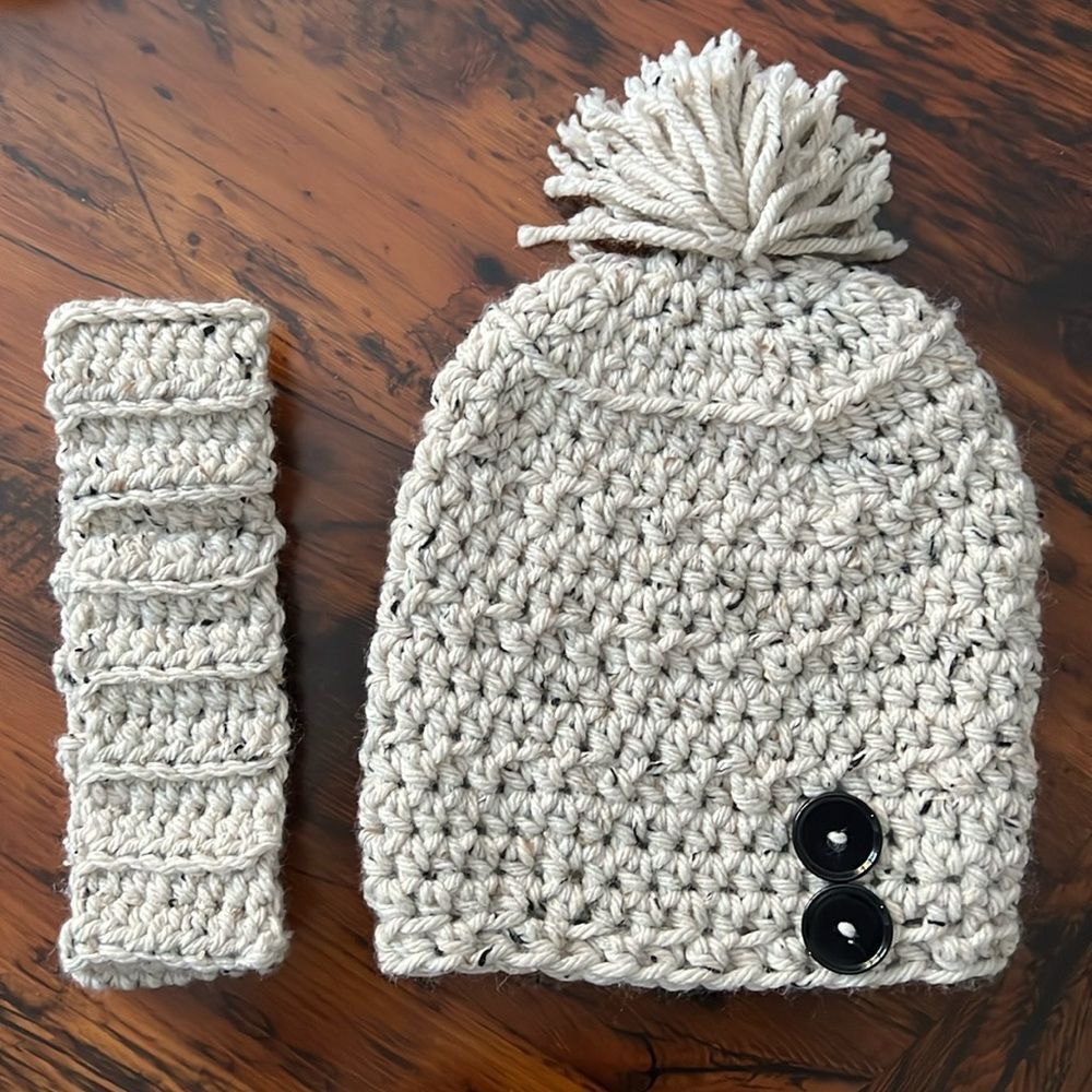 Hand Knit Hat and Matching Headband‎ in Light Grey/Oatmeal O/S